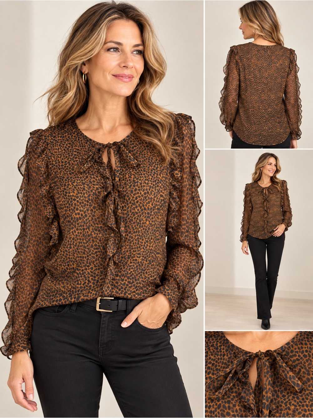White House Black Market Animal Print Ruffle Blouse Brown Black M